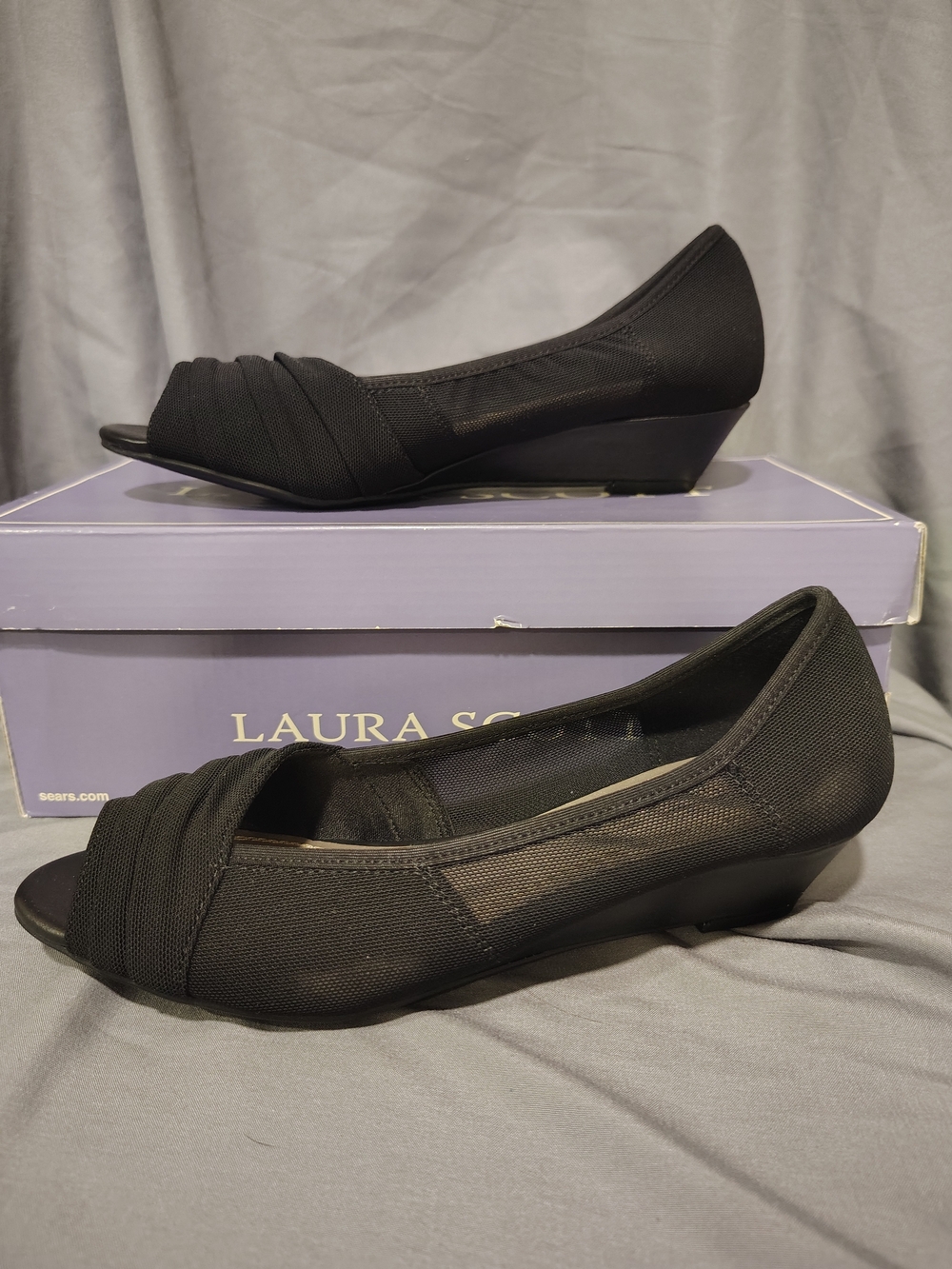 Laura Scott Black Women's Peep-Toe Wedge Pumps